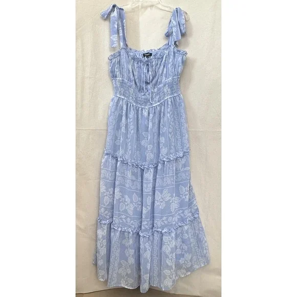 Trixxi Milkmaid Tiered Maxi Dress L Blue Floral Tie Strap Smocked Ruffle Peasant - Picture 2 of 13